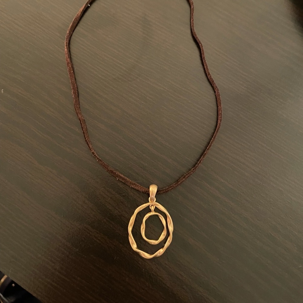 Necklace - gold oval charm on brown cord